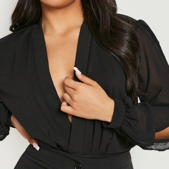 BNWT Boohoo PLUS WRAP CHIFFON SPLIT SLEEVE BODYSUIT - Picture 2 of 5